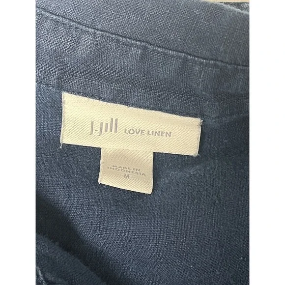 J Jill Love Linen Navy Shirt Dress Medium Mother of Pearl Button Front Collar - Picture 6 of 10